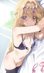 1girl absurdres backlighting blonde_hair blush bottomless bra breasts cleft_of_venus commentary cum cum_on_body cure_arcana_shadow english_commentary front-fastening_bra front-hook_bra hews hews_hack highres indoors long_hair looking_at_viewer lying meitantei_precure! moria_luluka navel on_bed on_side open_bra pillow precure pretty_cure purple_bra pussy red_eyes small_breasts smile solo thighhighs thighs underwear