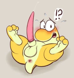 3_toes anthro anus balls blush butt emenius feet genitals lying male mascot nerd_(species) nerds on_back penis scut_tail short_tail solo spread_legs spreading tail tail_anus tapering_penis toes