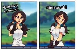 1girls black_gloves blurry_background comic dragon_ball dragon_ball_z english_text female female_only gloves lies long_hair medium_breasts meme nice_cock_bro nortuet outdoors shy smile solo text twintails videl