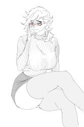 alternate_costume big_breasts demon_slayer douma female female_only fully_clothed genderswap_(mtf) glasses kimetsu_no_yaiba long_hair miniskirt monochrome rule_63 sitting sketch solo sweater thighhighs turtleneck_sweater