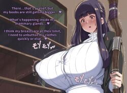blush blushing books bookshelf breast_expansion breast_growth carrot_caramel_batake clothed clothed_female dialogue english english_text fern_(sousou_no_frieren) fertile_breasts frieren_beyond_journey's_end huge_breasts indoors infestation infested_breasts insectophilia interspecies mage_staff nervous nervous_expression nervous_face nervous_female nervous_sweat nervous_sweating open_mouth purple_eyes purple_hair sensory_deprivation sousou_no_frieren staff sweat sweatdrop text zoophilia