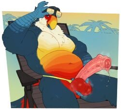 anthro avian balls beach_chair beak belly big_penis bird bodily_fluids chair clothed clothing erection eyewear eyewear_on_head feathers foreskin furniture genital_fluids genitals hi_res humanoid_genitalia humanoid_penis looking_at_viewer male male_only mostly_nude_male muscular muscular_anthro muscular_male on_chair overweight overweight_anthro overweight_male penis precum roly sitting sitting_on_chair solo speedo speedo_only sunglasses sunglasses_on_head swimwear tail tail_feathers topless toucan wearing_sunglasses wet