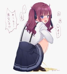 1girl black_bow black_shoes blue_eyes blue_skirt blush bow cevio choppy_bangs commentary_request from_behind full_body hair_bow highres long_hair long_sleeves looking_at_viewer looking_back natsuki_karin open_mouth pee pee_puddle peeing pleated_skirt red_hair school_uniform shirt shoes simple_background skirt solo speech_bubble squatting suspender_skirt suspenders translation_request turning_head twintails user_gwtf4852 white_background white_shirt