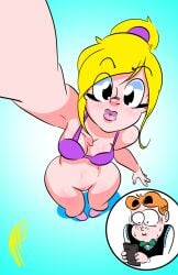1girl blonde_hair selfie 1boy underwear breasts bra phone sweat black_eyes bottomless lipstick orange_hair bowtie lips makeup ponytail bow signature cellphone smartphone from_above purple_bra medium_breasts green_bowtie navel green_bow black_vest vest pussy cleavage holding_phone mustache nervous_sweating heart_in_mouth reaching pink_lips simple_background shirt wide-eyed archie_comics betty_cooper archie_andrews sgtmadness