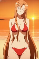 1girl ai_generated ass_visible_through_thighs beach bikini breasts brown_hair cleavage closed_eyes closed_mouth collarbone cowboy_shot digitalwaifugallery facing_viewer groin head_tilt hi_res high_quality high_resolution large_breasts long_hair navel ocean outdoors patreon red_bikini seductive sexy smile solo standing sunset swimsuit sword_art_online thigh_gap uncensored very_long_hair water watermark yuuki_asuna