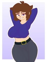 big_breasts big_butt big_hips big_thighs brown_hair female female female_only jacksito_(artist) looking_at_viewer original_character purple_eyes rule_63 simple_background tight_clothes voluptuous voluptuous_female