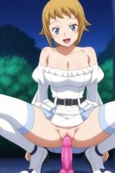 1girls ai_generated bare_shoulders belt blunt_bangs breasts bush cleavage collarbone detached_sleeves dildo dildo_riding dress female full_body fumina_hoshino gundam_build_fighters_try huge_dildo imminent_penetration lipstick long_sleeves looking_at_viewer makeup medium_breasts night no_panties off-shoulder_dress outdoors pleated_dress pussy sex_toy shoes smile solo spread_legs strapless strapless_dress tagme thighhighs video
