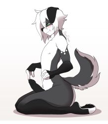 anthro blush butt canid canine eyebrow_through_hair eyebrows femboy genitals green_eyes hair hi_res male mammal markings miguel_(miguisdraws) miguisdraws mole_(marking) navel pawpads paws penis shadow signature simple_background sitting solo tail touching_own_penis translucent translucent_hair wariza white_background