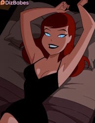 dizbabes stable_diffusion ai_generated dc dcau dc_comics barbara_gordon batman_(series) batman:_the_animated_series the_new_batman_adventures red_hair blue_eyes makeup lipstick black_lips batgirl batgirl_(barbara_gordon) long_hair superheroine black_dress looking_at_viewer smile smiling_at_viewer lying on_back arms_up parted_lips 1girl 1girls solo_female female_only cleavage