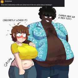 1boy 1girls belly bhm big_breasts blush breasts cheating cheating_girlfriend chest_hair chest_tuft chubby curvaceous curvy curvy_figure cyyfapse dark-skinned_male duo ellie_(paladin) fat_man full-face_blush grabbing grabbing_ass green_eyes groping interracial james_(cyyfapse) jeans netorare ntr obese obese_male overweight overweight_male plump secretly_loves_it ssbhm sweatpants tagme ugly_bastard ugly_man