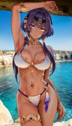 1girls ankh bikini breasts brown_skin candace_(genshin_impact) choker dark-skinned_female dark_skin female female_only foxy_rain_(foxyreine) foxyrain_(foxyreine) foxyreine genshin_impact hair_ornament heterochromia hi_res hips large_breasts looking_at_viewer outdoors purple_eyes purple_hair slim_waist thick_thighs thigh_gap thighs twintails water wide_hips yellow_eyes