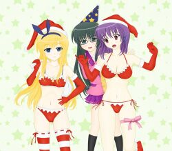 1boy 2girls bikini blonde_hair canon_crossdressing crossdressing female femboy glasses green_hair hayama_tatsukichi isurugi_mio male mm! multiple_girls panties pullpull15 purple_hair red_panties sack santa_costume santa_hat yuuno_arashiko