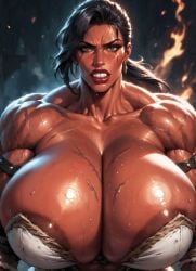barbarian barbarian_woman muscular_female red_skin red-skinned_female black_hair ponytail sweaty_body huge_breasts nipple_outline cleavage clenched_teeth big_lips brown_eyes looking_at_viewer close-up close_up_view breath_cloud angry_face ai_generated scars_on_body scars_on_breast original_character moonchild41 high_quality