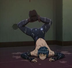 1girls big_ass big_breasts blue_eyes blue_hair blunt_bangs blush bodysuit boots breasts bubble_ass bubble_butt backless backless_outfit backless_leotard bondage clothing demon demon_girl demon_horns embarrassed eyewear feet female female_only full_body glasses hi_res horns huge_ass indoors kneeling light-skinned_female light_skin long_sleeves lv1_maou_to_one_room_yuusha leotard petite pointy_ears presenting presenting_ass presenting_hindquarters rear_view revealing_clothes short_hair skimpy skimpy_clothes solo sleeveless suggestive suggestive_pose suggestive_fluid sexually_suggestive sticky thick_ass thick_thighs thighs uncensored voluptuous white_skin yellow-framed_eyewear tied_up tied_legs zenia_(lv1_maou_to_one_room_yuusha)