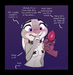4_fingers absurd_res amadose anthro black_border blush bodily_fluids border breasts collar disney female fingers fur grey_body grey_fur hi_res judy_hopps lagomorph leporid long_ears mammal mostly_offscreen_character navel nipple_tape pasties purple_eyes rabbit solo sweat tape teeth text vore watermark zootopia