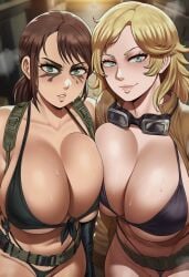 2girls ai_generated big_breasts bikini black_makeup blonde blonde_female blonde_hair breast-to-breast breasts breasts_bigger_than_head breasts_focus brunette brunette_female brunette_hair cleavage eva_(metal_gear_solid) female female_only goggles goggles_around_neck light-skinned_female light_skin looking_at_viewer metal_gear_solid metal_gear_solid_3 metal_gear_solid_v ponytail quiet_(metal_gear) side-by-side sweaty sweaty_breasts take_your_pick tits tits_focus