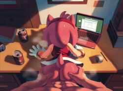 1boy 1girl against_desk ai_generated amy_rose animal_ears animal_nose ass_grab bare_shoulders bedroom bent_over body_fur can desk ear_blush evening eyelashes facing_away from_behind furry_female green_eyes hedgehog_ears indoors laptop medium_breasts muscular_male painting_(medium) patreon pink_fur pink_hair pov red_dress red_hairband sex sex_from_behind shade short_hair sleeveless_dress solo_focus sonic_(series) standing standing_sex steam sweat tail white_gloves