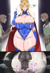 1girl animal_penis artoria_pendragon artoria_pendragon_(lancer) bestiality blonde_hair blue_leotard breasts cameltoe cape chionl comic crown fate/grand_order fate_(series) female green_eyes high_leg_leotard holding_card horse_icon horse_penis huge_breasts hyper_breasts large_breasts large_penis leotard male male_shadow multi_panel multiple_males penis speech_bubble steam thick_thighs thigh_boots tiara tomatosp uiutomato uncensored veiny_penis wide_hips zoophilia