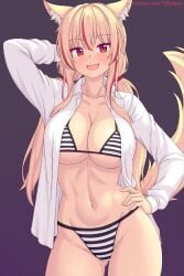 tiffynyaa nottytiffy tiffy blonde_hair twintails bikini red_highlights red_eyes cat_ears catgirl tail breasts unbuttoned_shirt blush hand_on_hip