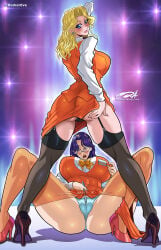 darkereve hi_res lingeries_office nonoyama_alice sakurai_chisa 2girls female female_only looking_at_viewer smiling smiling_at_viewer looking_back looking_back_at_viewer purple_hair blonde_hair long_hair glasses blue_eyes blush office_lady purple_eyes ass thick_thighs stockings garter_straps heels big_breasts standing sitting legs_apart panties bent_legs pantyhose orange_pantyhose earrings neck_ribbon