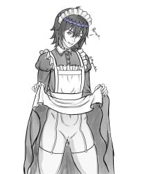 sentai_daishikkaku sentouin_xx footsoldier_xx duster_(species) magnus_midnight sketch black_and_white pink_eyes maid maid_uniform flashing flashing_pussy annoyed annoyed_expression cum_in_pussy