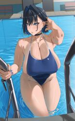 1girls archinoer beautiful_woman breasts cleavage female female_focus female_only heavenly_body hololive hololive_english large_breasts light-skinned_female light_skin looking_at_viewer mature_woman oblivious_sexualization one-piece_swimsuit ouro_kronii solo swimsuit thick_thighs thighs uncaring_female virtual_youtuber wide_hips