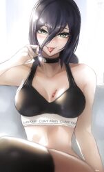 1girls big_breasts black_hair blood blush breasts chainsaw_man choker eye_contact female female_only green_eyes legwear light_skin looking_at_viewer reze_(chainsaw_man) sitting solo thick_thighs thighhighs tommietomm tongue_out