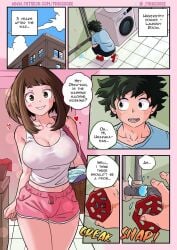 1boy 1boy1girl 1girl basket big_breasts blue_shirt brown-haired_female brown_hair comic comic_page dialogue dialogue_bubble dolphin_shorts green-haired_male green_hair izuku_midoriya laundromat laundry_basket laundry_machine laundry_room light-skinned_female light-skinned_male light_skin my_hero_academia ochako_uraraka pinkgoose red_pants red_shoes speech_bubble text_box text_bubble water_pipe