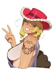 1girls blonde_hair combos-n-doodles female kitt_(pokemon) pokemon pokemon_champions rucola_(pokemon) sideboob solo tan_lines tanline tanlines