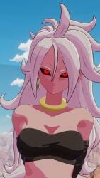 3d android_21 blender boobs cute cute_face dragon_ball dragon_ball_fighterz dragon_ball_z looking_at_viewer majin_android_21 pink_skin red_eyes sylvannsfw white_hair x_logo