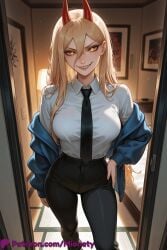 power_(chainsaw_man) chainsaw_man 1girl horns necktie solo red_horns sharp_teeth shirt pants blonde_hair hair_between_eyes long_hair teeth white_shirt looking_at_viewer yellow_eyes black_necktie black_pants breasts smile collared_shirt cross-shaped_pupils jacket shirt_tucked_in patreon_username artist_name indoors grin blue_jacket symbol-shaped_pupils standing doorway large_breasts off_shoulder demon_horns web_address hemokinesis open_door formal suit open_clothes high-waist_pants long_sleeves jacket_partially_removed hand_on_own_hip twitter_username open_jacket pov_doorway demon_girl medium_breasts cowboy_shot dress_shirt blush door patreon_logo open_mouth feet_out_of_frame evil_grin wing_collar eyelashes opening_door shirt_partially_tucked_in very_long_hair tile_floor office_lady tight_pants mionety ai_generated