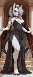 ai_generated hellaverse helluva_boss loona_(helluva_boss) canid canid_demon demon hellhound mammal absurd_res hi_res anthro areola bare_shoulders big_breasts black_claws black_clothing black_dress black_eyeshadow black_nose breasts canine_nose casual_exposure claws clothing collar dress ear_piercing ear_ring exposed_breasts eyebrow_through_hair eyebrows eyelashes eyelashes_through_hair eyeshadow female fluffy fluffy_tail fur grey_body grey_eyes grey_fur hair ineffective_clothing inner_ear_fluff long_dress looking_at_viewer makeup marble marble_column neutral_expression nipple_piercing nipple_ring nipple_ring_dress nipples notched_ear paws piercing pink_areola pink_nipples red_sclera ring_piercing side_slit side_slit_dress silver_hair slit_dress solo spiked_collar spikes stairs standing tail translucent translucent_hair tuft white_body white_fur white_hair