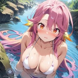 jibril_(no_game_no_life) no_game_no_life river shy embarassed ai_generated ai_art 1girls bikini bikini_top bikini_bottom pink_hair red_eyes wet medium_breasts water subscribestar long_hair ai ai_assisted stable_diffusion watermark