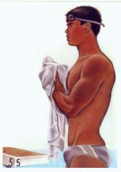 ben_kimura_(artist) male male_only gay yaoi original traditional_media muscular side_view bulge ass speedo tan_skin tanline