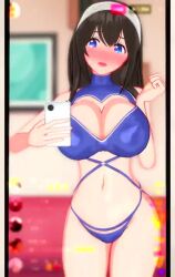 1boy 1girls 3d animated black_body black_hair blue_eyes blurry blush bra cellphone cellphone_camera cowgirl_position dark-skinned_male dark_skin from_behind_position harimau_mmd2 headband huge_breasts idolmaster idolmaster_cinderella_girls interracial light-skinned_female light_skin livestream mmd sagisawa_fumika shy sound stream_chat streaming streaming_sex tagme thighs video white_skin