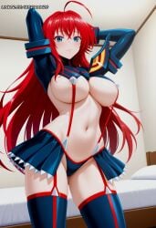 1girl ahoge ai_generated arms_behind_head arms_up artist_name bed black_thighhighs blue_eyes blush breasts closed_mouth commission cosplay cowboy_shot crossed_bangs crossover female female_only gener-ai hair_between_eyes high_school_dxd indoors large_breasts long_hair looking_at_viewer meriannre microskirt navel promotional_art red_hair request revealing_clothes rias_gremory senketsu skirt solo standing stomach suspenders thighhighs thighs underboob web_address
