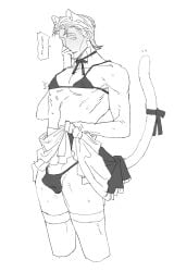 jiganogazoran mature mature_male dilf male male_only solo cat_ears cat_tail catboy kemonomimi crossdressing lingerie bulge bikini sweat micro_bikini nipple_bulge shy blush embarrassed apron apron_lift waist_apron neck_ribbon ribbon_choker thighhighs monochrome sketch gintama sasaki_isaburo hair_slicked_back skinny