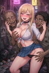pain_and_pleasure ai_generated tagme ai_assisted realistic ugly_bastard groping molestation blonde_hair long_hair large_breasts nipples skirt plaid_skirt choker sweat 1girl 2boys big_breasts thighs hand_on_breast hand_on_thigh tied_shirt wet_skin blush ahegao alley night solo_focus cumdump
