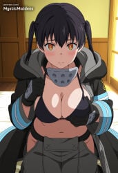1girl breasts black_hair hip_vent solo gloves open_coat coat swimsuit bikini black_coat blush cleavage looking_at_viewer navel grey_pants twintails black_bikini large_breasts open_clothes pants indoors black_gloves orange_eyes bikini_top_only closed_mouth grabbing_own_breast long_sleeves baggy_pants yellow_eyes groin patreon_username sitting collarbone ai_generated anime anime_style hentai hi_res mystic_maidens patreon kotatsu_tamaki tamaki_kotatsu fire_force enen_no_shouboutai en'en_no_shouboutai