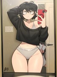 ginn_(sleakj3) original_character sleakj3 1boy 1girls belly_button big_breasts black_eyes black_hair breasts cleavage female female_focus glasses goth goth_girl light_skin light-skinned_female light-skinned_male male navel nerd nosebleed panties short_hair thick_thighs thighs tummy selfie mirror mirror_selfie mirror_reflection smartphone cropped_sweater bra alternate_version_available hi_res