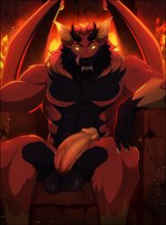 anthro balls big_balls big_penis canid canine canis chair demon demonic demonic_eyes erection fire furniture genitals glowing glowing_eyes hell hi_res hybrid jaggal lykosdemonwolf male mammal moobs muscular muscular_male penis sabertooth_(disambiguation) seductive solo teeth throne vein veiny_penis wings wolf