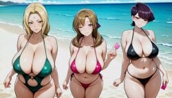 3girls ai_generated bare_shoulders beach bikini black_bikini black_hair blonde_hair blush breasts brown_eyes brown_hair casual_one-piece_swimsuit cleavage closed_mouth collarbone commission condom condom_wrapper cowboy_shot curvy day do_you_love_your_mom_and_her_two-hit_multi-target_attacks? facial_mark forehead_mark gener-ai green_bikini green_one-piece_swimsuit groin highleg highleg_bikini holding holding_condom huge_breasts komi-san_wa_komyushou_desu komi_can't_communicate komi_shuuko large_breasts long_hair looking_at_viewer low_ponytail mamako_oosuki mature_female meriannre mother multiple_girls naruto_(series) navel o-ring o-ring_bikini o-ring_swimsuit ocean one-piece_swimsuit one_eye_closed outdoors parted_bangs pink_bikini plump promotional_art purple_eyes purple_hair request sand shore short_hair side-tie_bikini_bottom sideboob skindentation sky smile standing stomach string_bikini swimsuit thighs tsunade wallpaper water yellow_eyes