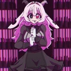 1girls animal_ears animated asymmetrical_horns black_eyes black_liquid black_mouth breasts curled_horns demon_girl drool drool_on_face drool_string female femme_soule flashing_breasts goat_horns hair_between_eyes hetero heterochromia horns large_breasts long_hair long_sleeves looking_at_viewer mismatched_horns open_mouth orange_eyes pink_hair pukey_goddess_shot_trick solo tagme twistedgrim