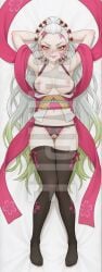 ai_generated tagme watermark hi_res highres high_resolution patreon sleeplessnighty daki_(kimetsu_no_yaiba) kimetsu_no_yaiba demon_slayer white_hair multicolored_eyes 1girls blush naughty_face solo solo_focus female lying full_body dakimakura breasts nipples pussy armpits arms_up lying_on_back clothing clothed