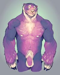 2021 anthro balls chest_tuft claws empty_eyes flaccid fur genitals hi_res humanoid_genitalia looking_aside male mammal muscular navel nipples nude penis portrait pubes purple_body purple_fur roamingthrough simple_background smile solo standing three-quarter_portrait tuft ursid