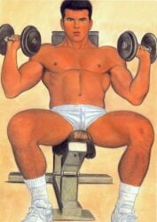ben_kimura_(artist) male male_only gay yaoi original traditional_media muscular weights shorts shirtless nipples