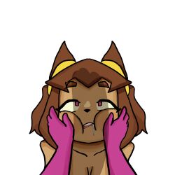 1girls ahegao anthro big_breasts blush breasts brown_hair cat_ears cat_girl close-up drooling fanart female furry gameoverse glitch_productions gobbles_(gameoverse) goggles hands_on_face highres huge_breasts kit_(gameoverse) melonmiloc nipples nude penis_shadow rolling_eyes solo yellow_eyes