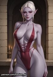 minthara drow_(dnd) drow elf colored_skin purple_body red_eyes seductive female ai_generated passion_ai baldur's_gate_3 baldur's_gate larian_studios dungeons_and_dragons erect_nipples big_breasts lingerie cameltoe ass standing huge_hips