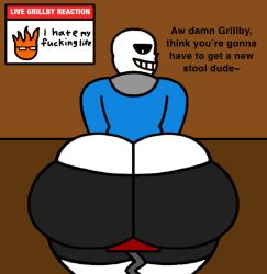 ass ass_cleavage ass_focus behind_view big_ass butt_crack butt_focus femboy feminine_male grillby live_slug_reaction looking_back male_only meme monster sans sit sitting sitting_on_chair skeleton text text_focus undertale undertale_(series) wik45