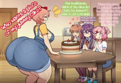 4girls ai_generated big_breasts blushing bottom_heavy brown_hair doki_doki_literature_club drooling fat_ass female_only fully_clothed green_eyes huge_ass hyper_ass licking_lips massive_ass monika_(doki_doki_literature_club) natsuki_(doki_doki_literature_club) overalls pink_eyes pink_hair purple_eyes purple_hair sayori_(doki_doki_literature_club) short_hair succubus30586 thick_thighs yuri_(doki_doki_literature_club)